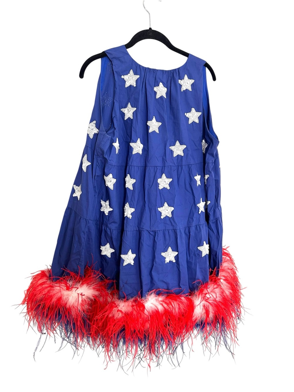 Queen of Sparkles Blue Sequin Star Feather Hem Dress Medium Patriotic USA - Picture 3 of 7